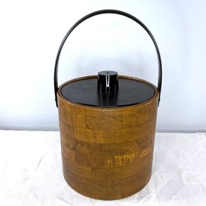 Vintage Irvinware Ice Bucket Faux Wood Parquet Mid Century Modern Made in USA
